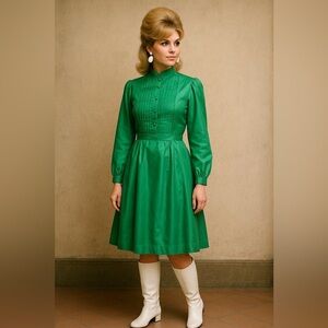 Vintage 1970s Lanz Original Womens Dress Sz Small Medium Green High Neck Boho